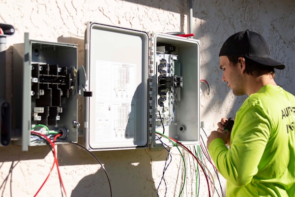 Electrician working on outdoor electrical panel
