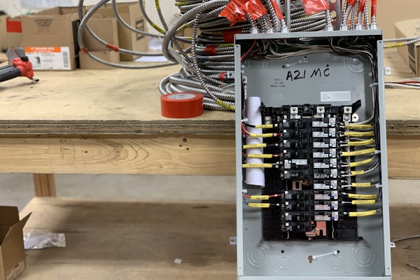 Electrical panel with breakers and wiring being installed